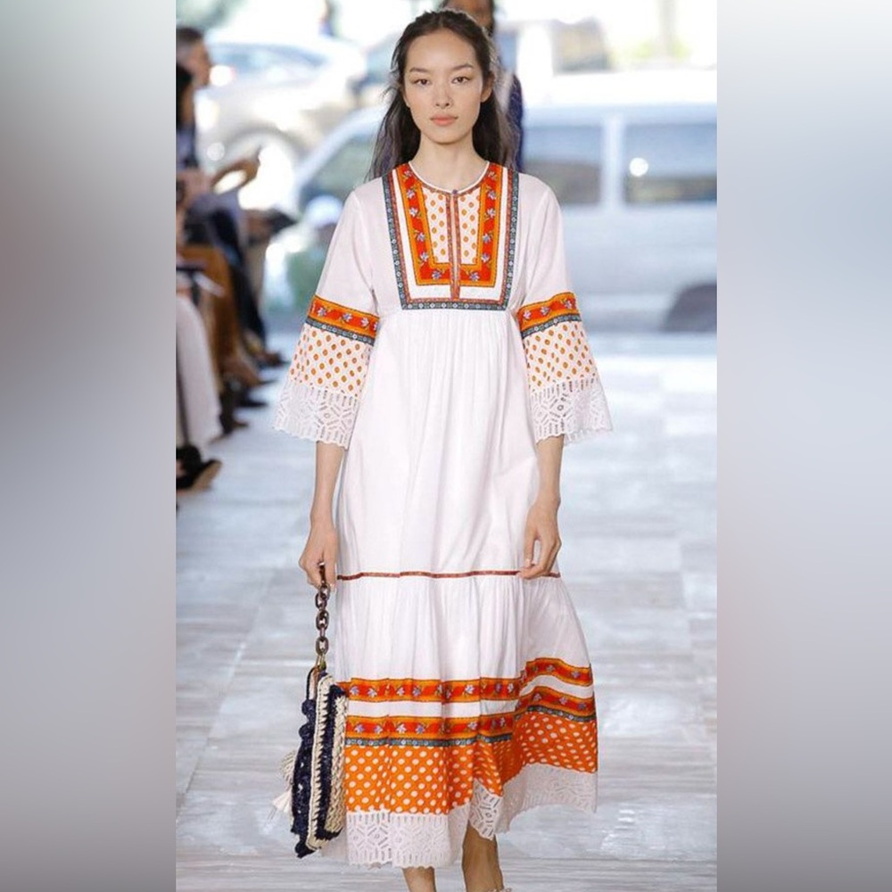 Tory Burch White Midi Dress with Orange Embroidery